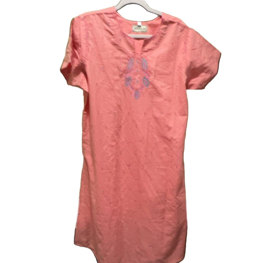 Parshwa Art Embroidered Tunic Coral H/XL Short Sleeve Side Slits